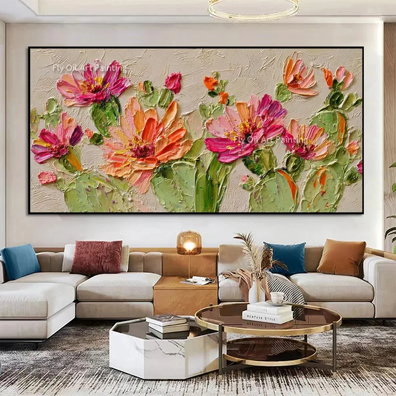 Thick‑Textured Lotus Flower Canvas Artwork, Handmade Botanical Oil Art, Colorful Pond Floral Decor for Dining Room