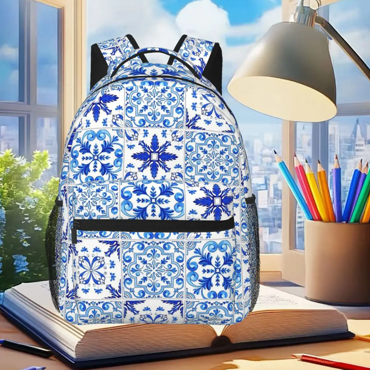 

Antique Blue Azulejo Tile Floral Backpack Student Boys Girls BookBag Kids School Bag Computer Shoulder Bags for Men Women
