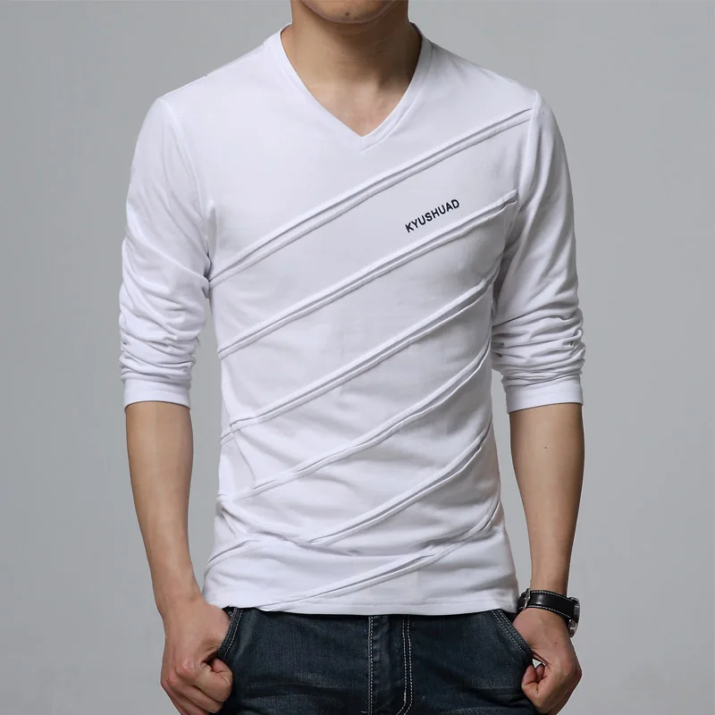 BROWON Fashion Trend Autumn T Shirt Men V Collar Long Sleeve T-Shirt Large Size Slim Fit Cotton Tops Tees Camisetas Male