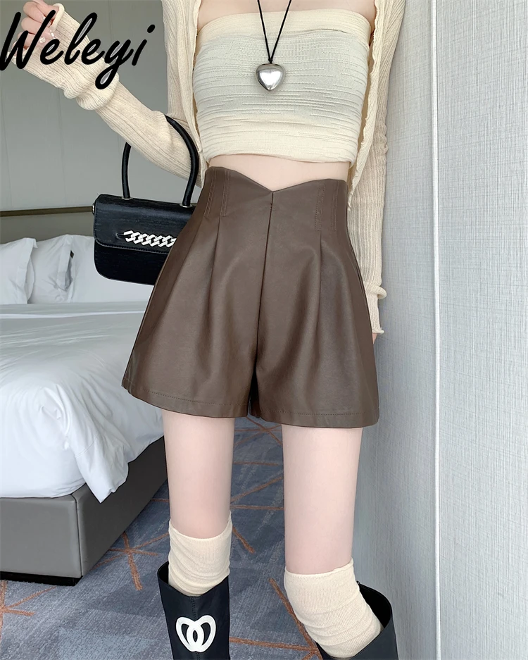 Large Size Curved Waist PU Leather Shorts Woman Casual Women's Loose Versatile High Waist A Word Wide Leg Outer Boots Pants