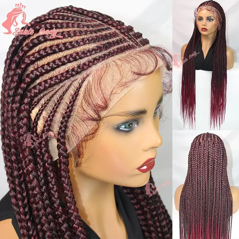 Cornrow Braided Wigs Box Braids Wig Synthetic Full Lace Knotless Braided Wig for Black Women Burgundy Lace Front Braiding Wig