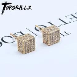 TOPGRILLZ Gold Silver Color Iced Out Cubic Zircon 8mm Square Stud Earring Men Women Trend Jewelry Gifts With Screw Back Buckle