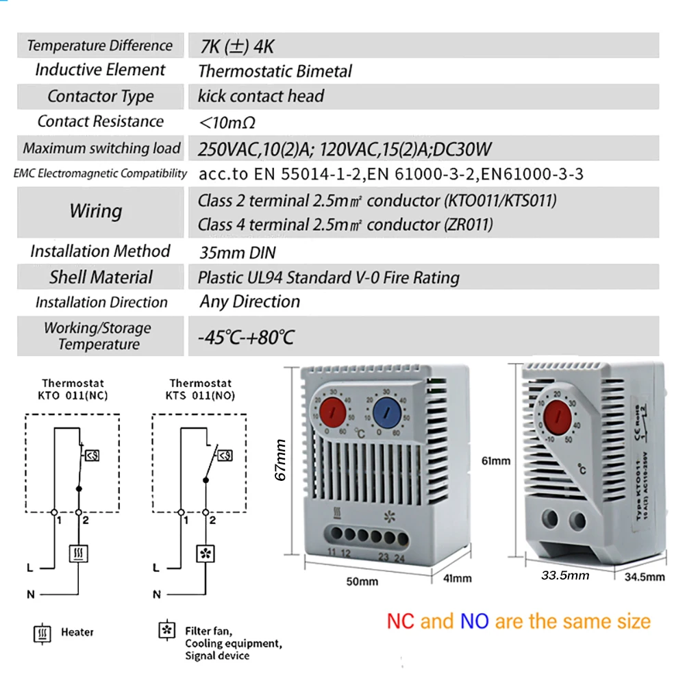 DIN Rail Cabinet Temperature Controller Industrial Thermostat KTO011 KTS011 0 to 60 Degree Centigrade Mechanical Thermoregulator