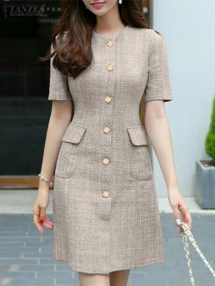 Letnia moda OL Sukienka ZANZEA Kobiety O Szyja Krótki rękaw Sundress Vintage Guziki Up Vestidos Robe Femme Eleganckie sukienki imprezowe