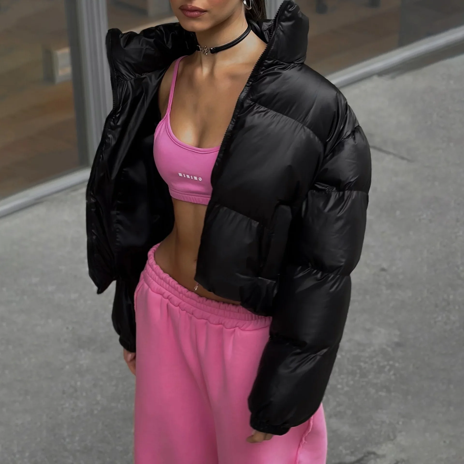 Giacca corta in cotone da donna, colletto rialzato casual, giacca ampia con cerniera a maniche lunghe per streetwear invernale da donna