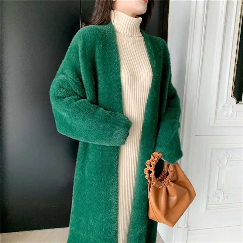 Imitation Mink Long Cardigan Women Fall Winter Loose Soft Sweater Casual Gilet Elegant Fluffy Knitwear Jackets Warm Knit Sweater