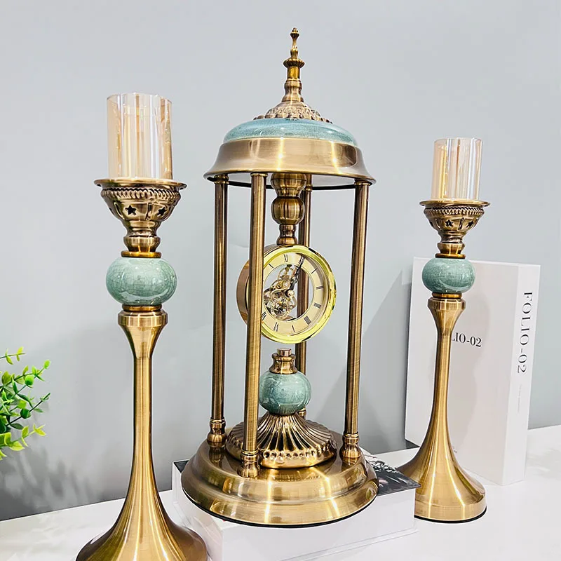 Geometric Abstract Clock Candle Holder, Retro Luxe Metal Ceramic Ornament for Living Room Entryway Dining Table, Showroom Decor