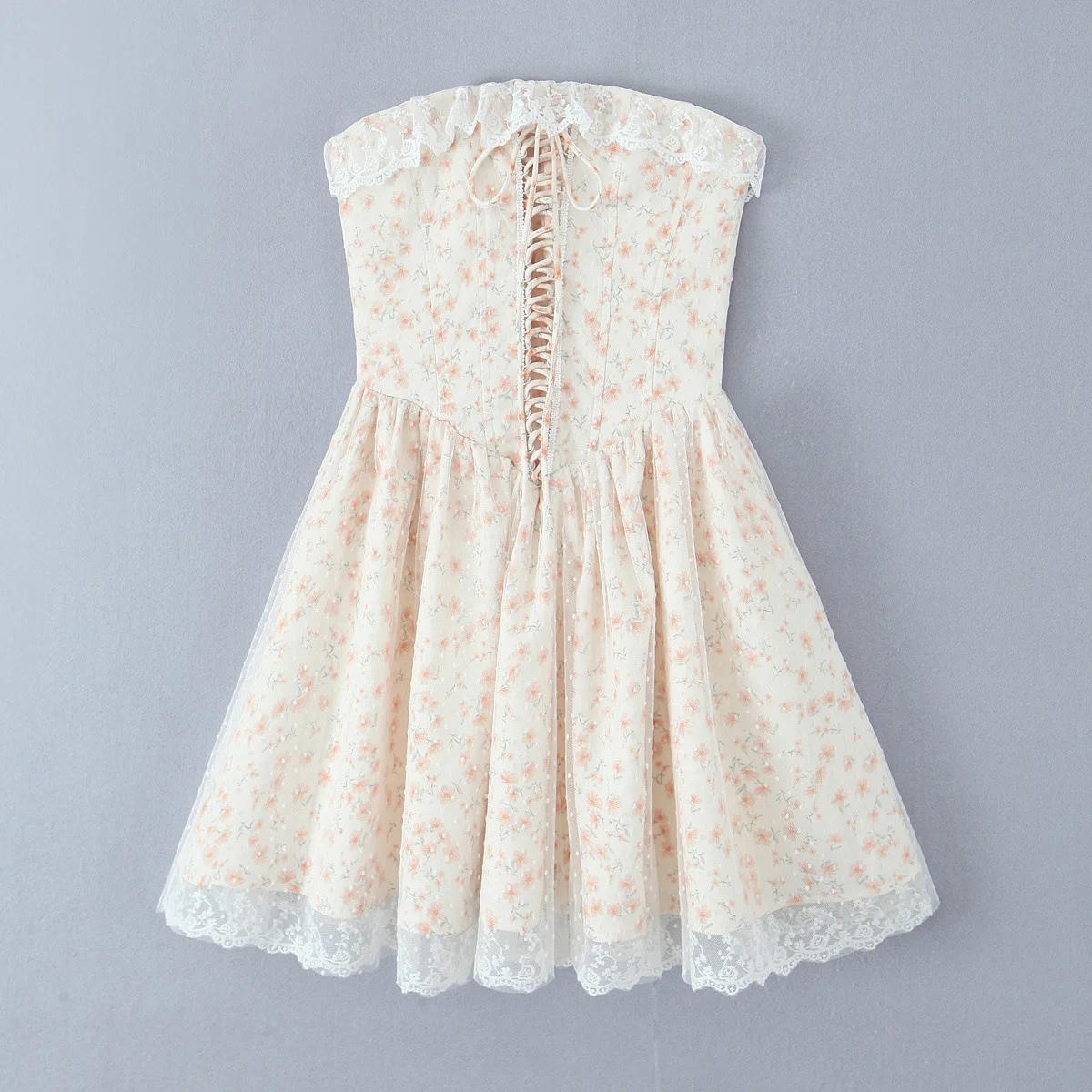 Pretty Girl Floral Print Mesh Strapless Mini Dresses Women Front Lace Up Bandage Birthday Party Dress French Bridesmaids Robe