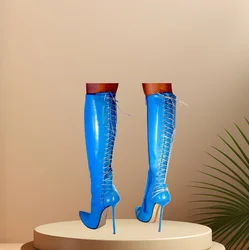 Blue Side Zipper Back Cross Tied Boots scarpe con tacco sottile in pelle verniciata per donna tacchi alti in pelle Pu 2023 Zapatos Para Mujere