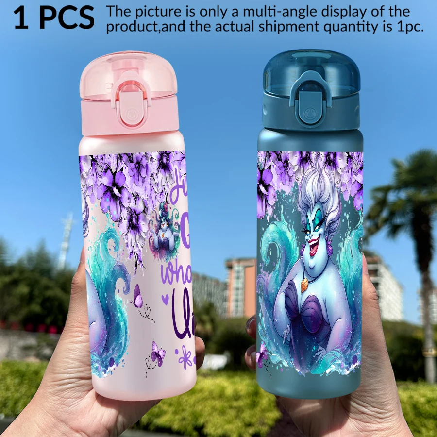 Botella de agua de plástico con patrón de flores moradas de Disney Ursula, taza de agua para deportes al aire libre, regalo de cumpleaños/regreso a casa, 26oz, 1 ud.