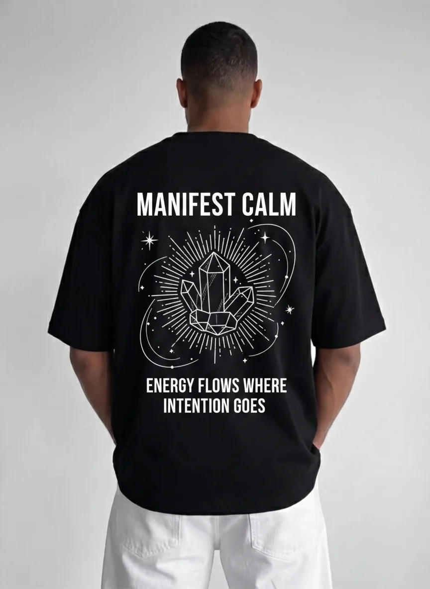 

Black Crystal Graphic Tee with Manifest Calm Back Print, White Line Art Crystals and Stars, Spiritual Slogan Printed Tee