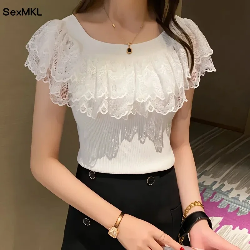 Casual rendas de malha topos camisetas femininas 2024 moda elástica branco preto roxo topo sexy senhoras kawaii t camisas roupas coreanas