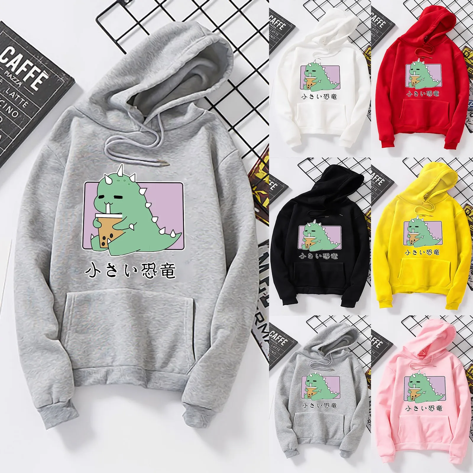 Japońska różowa bluza damska bluza Kawaii Oversize dinozaur płaszcz z długim rękawem urocze koreański sweter bluzy Sudadera