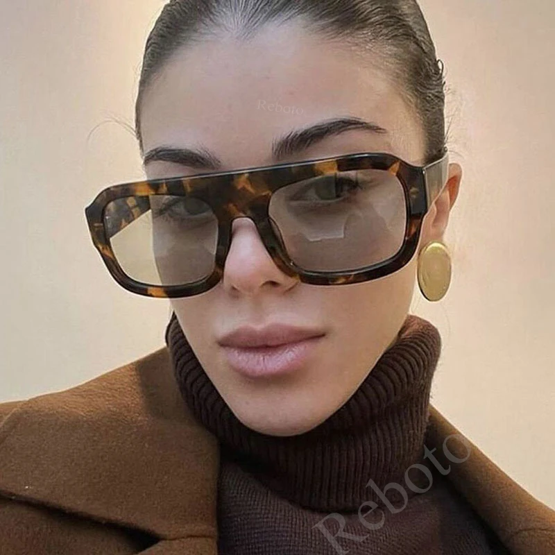 Luxury Square Sunglasses For Women New Vintage Thick Frame Leopard Orange Sun Glasses Female  Fashion Polygon Flat Top Eyewear
