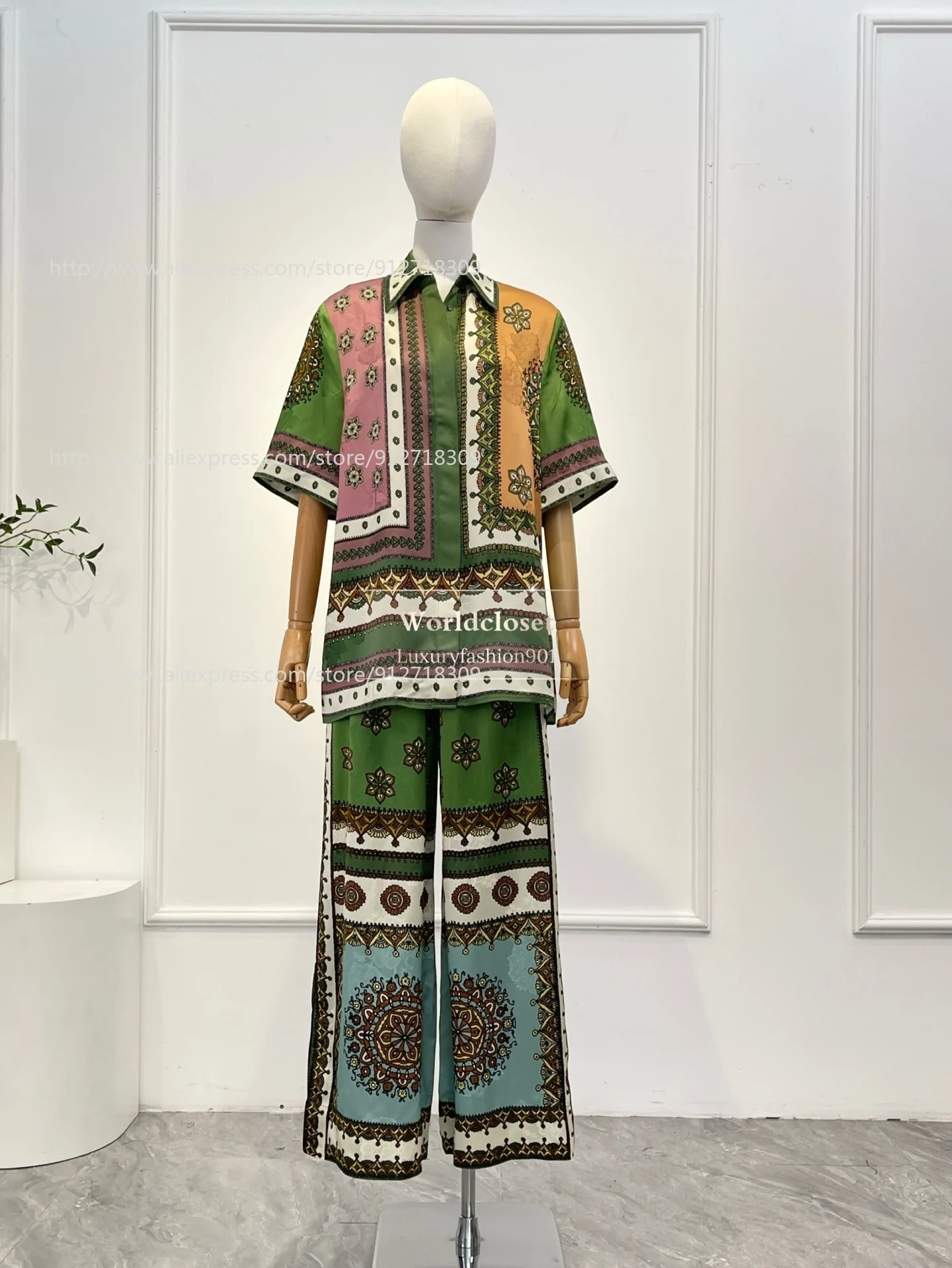 

2026 Women Clothes Green Floral Print Half Sleeve Blouse Tops and Pants Summer Suit