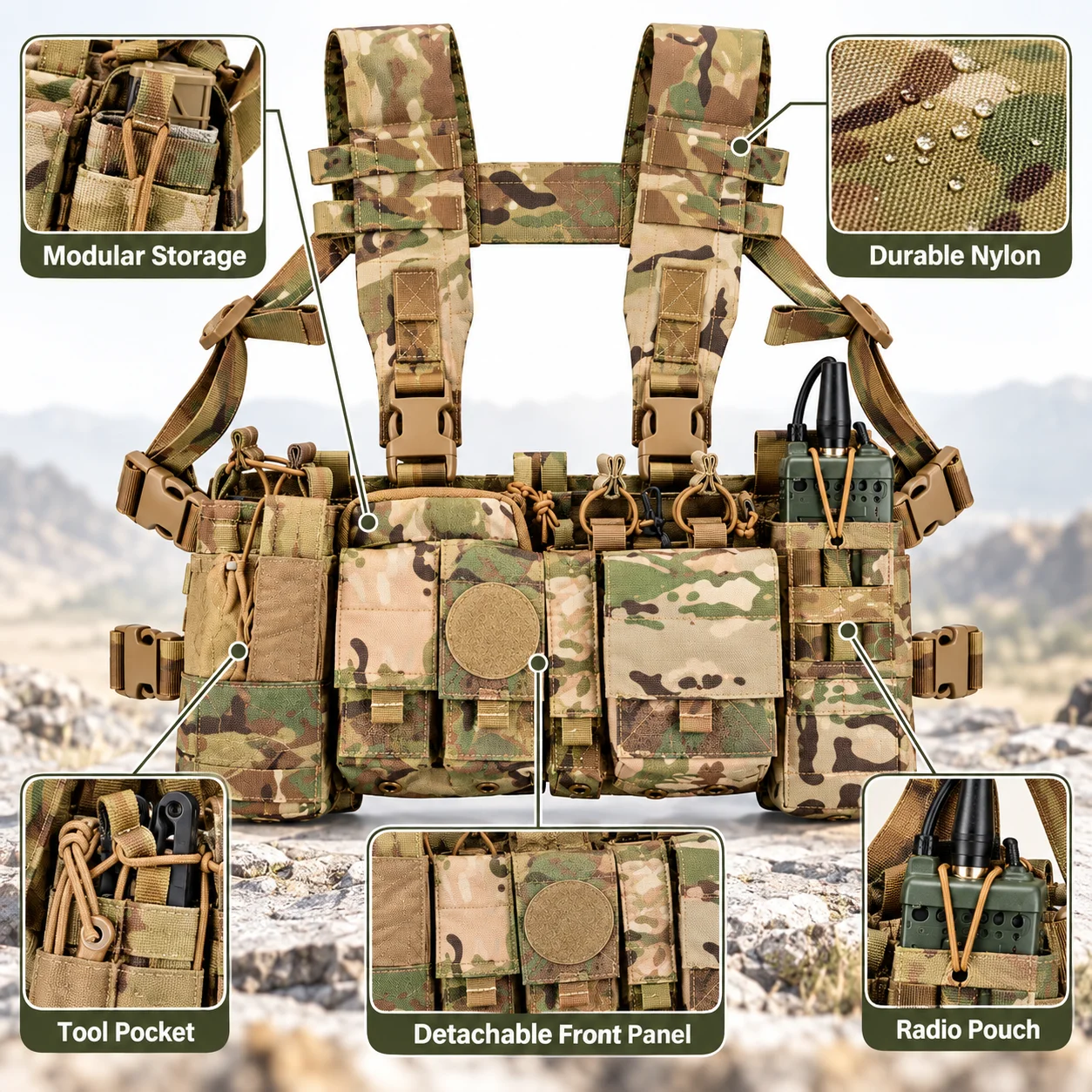 Tactical Patrol Vest, Commuter Chest Rig, Detachable Radio Pouch, Modular Utility Vest with Removable Front Pouch for Outdoor