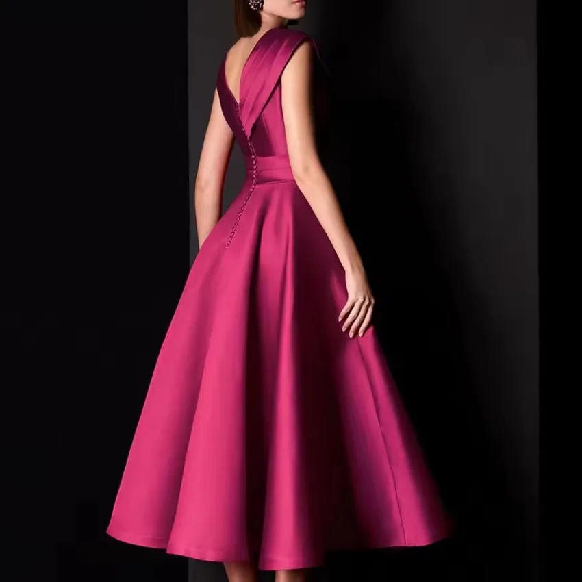 فستان حفلة موسيقية مخصص من الساتان بدون أكمام بدون ظهر على شكل حرف a بطول الشاي مطوي لحفلات الزفاف فستان سهرة رسمي ميدي