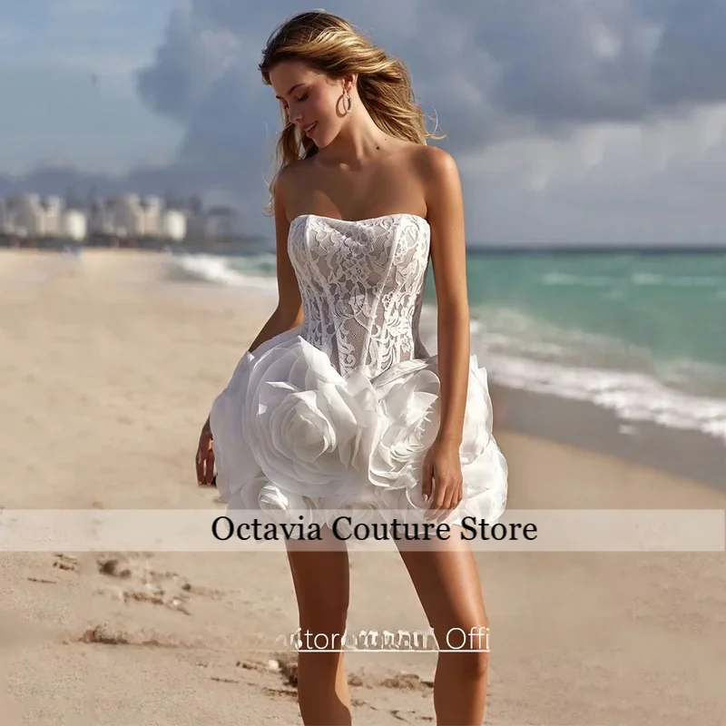 Sexy Mini Wedding Dress Customized Strapless Sleeveless Top Lace See Through Ruffles Flowers Bridal Gown Short Bride Dresses