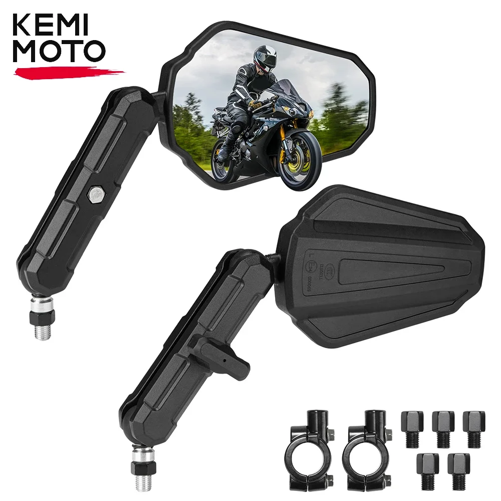 KEMIMOTO Motorcycle Mirrors M8 M10 Bolt Handlebar Mirror Universal Emark Motorcycle Rearview Mirrors Foldable 360° Adjustment