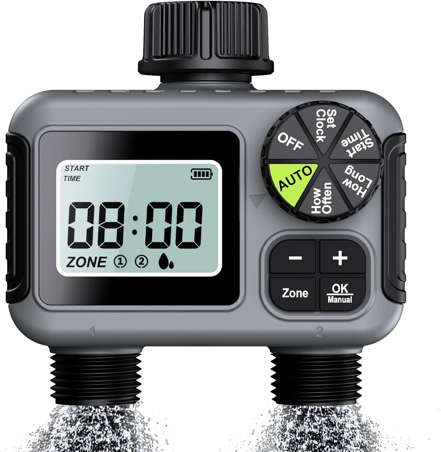 

Water Timer for Garden Hose, 2-Zone Smart Sprinkler with Rain Delay, Dual-Program Irrigation, Waterproof Upgrade