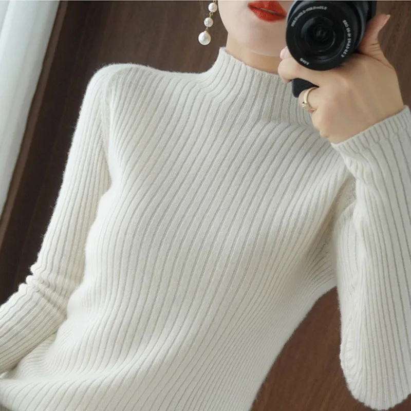 Women Sweater Solid Mock Neck Bottoming Shirt Korean Fashion Slim Stretch Pullovers Autumn Winter Casual Knitted Warm Jumpers