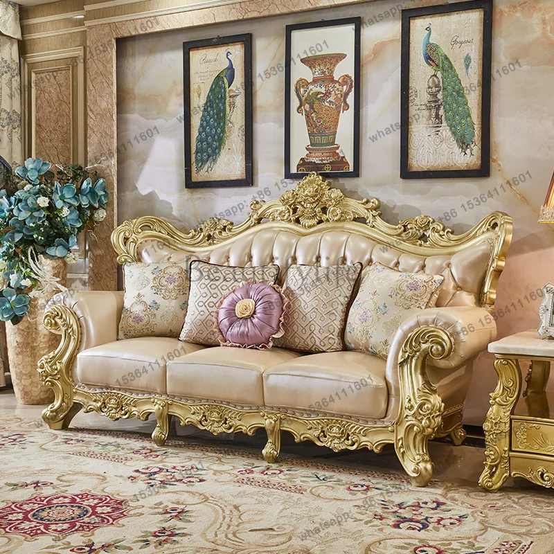 

X4 Classic Luxury Sofa Rubber Solid Wood Golden Antique European Royal Style Living Room Sofa Sets 1+2+3
