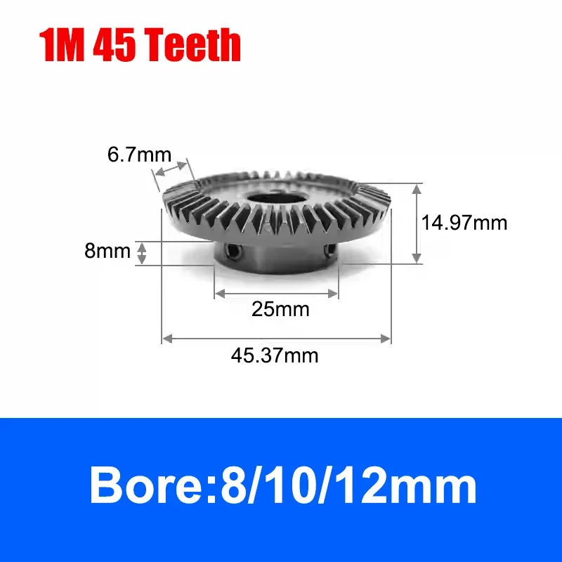 1pcs 1:3 Bevel Gear 1/1.5/2Mod 15 Teeth-45 Teeth 45# Steel Inner Hole 6-16mm Gear 90 Degrees Meshing Angle Steel Gears