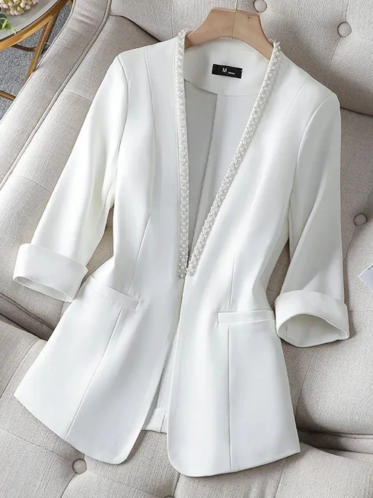 V neck Thin Suit Women\'s 2023 Spring and Summer New Korean Fashion Professional Wear Half Sleeve Casual Jacket Office Blazer