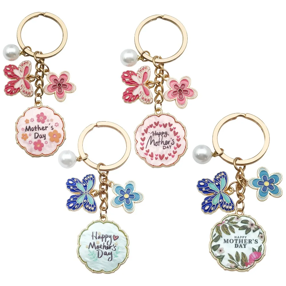 4/12/20Pcs Keychain Butterfly Flower Fake Pearl Coin Purse Happy Mother's Day Gold Tone Alloy for Mom