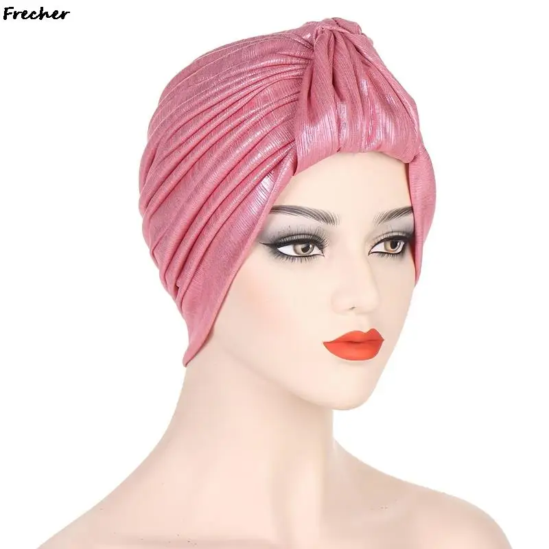 Bright Leather Turban Hat Women Muslim Hair Cover Ladies Wedding Party Hijabs Hats Knotted Pleated Headband Inner Caps Bandanas