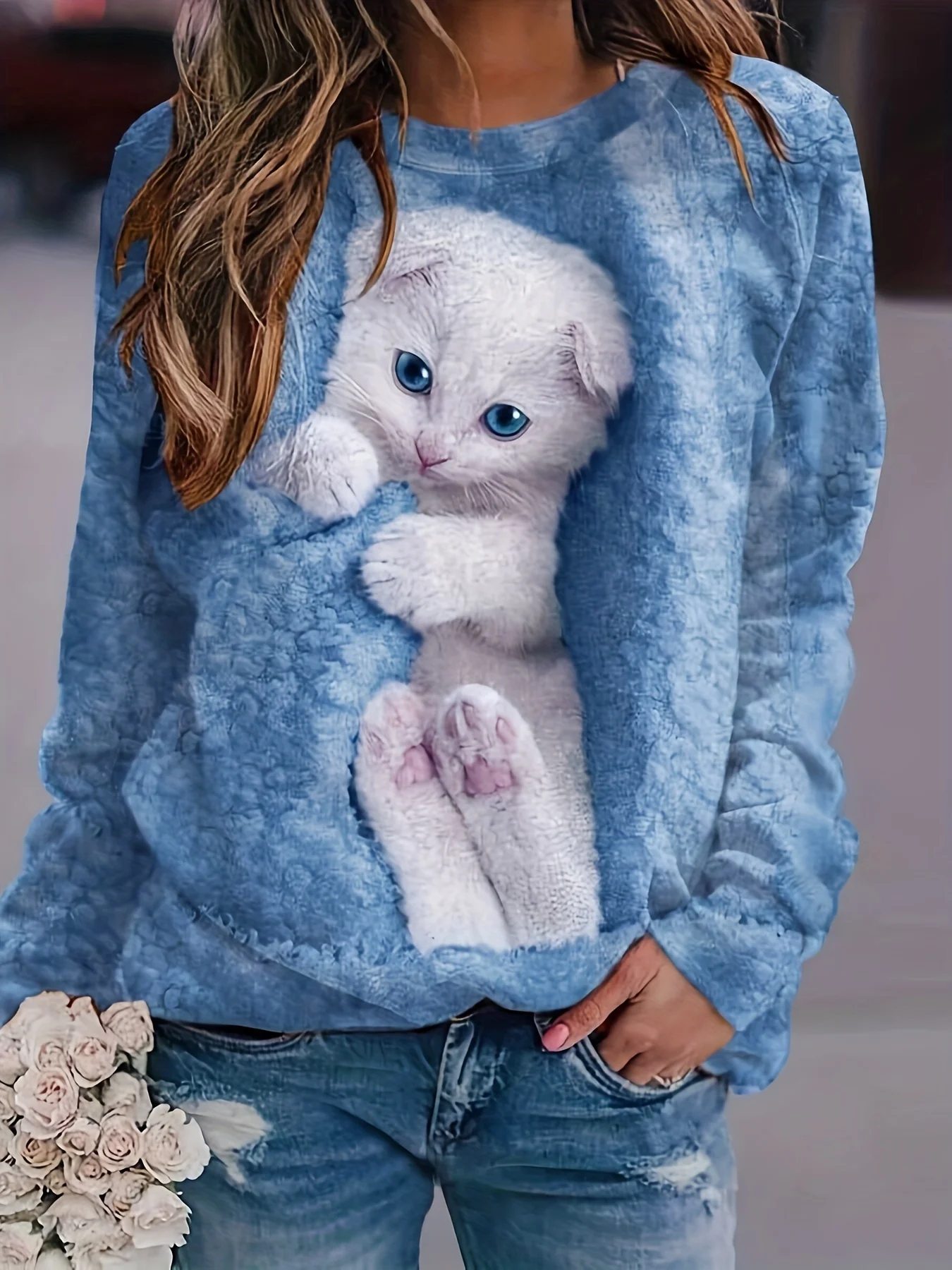 Cute Cat Sweatshirt Soft and Comfortable Long Sleeve Crew Neck Design for Casual Wear - Perfect for Ladies and Girls Wom