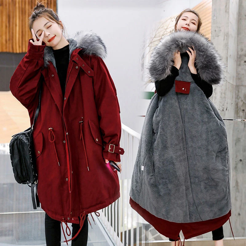 Padded Jacket Women Add Velvet Thick Warm Overcoat Female Hooded Fur Collar Belt Cultivate Pie Overcome Ins Work Clothes Coat