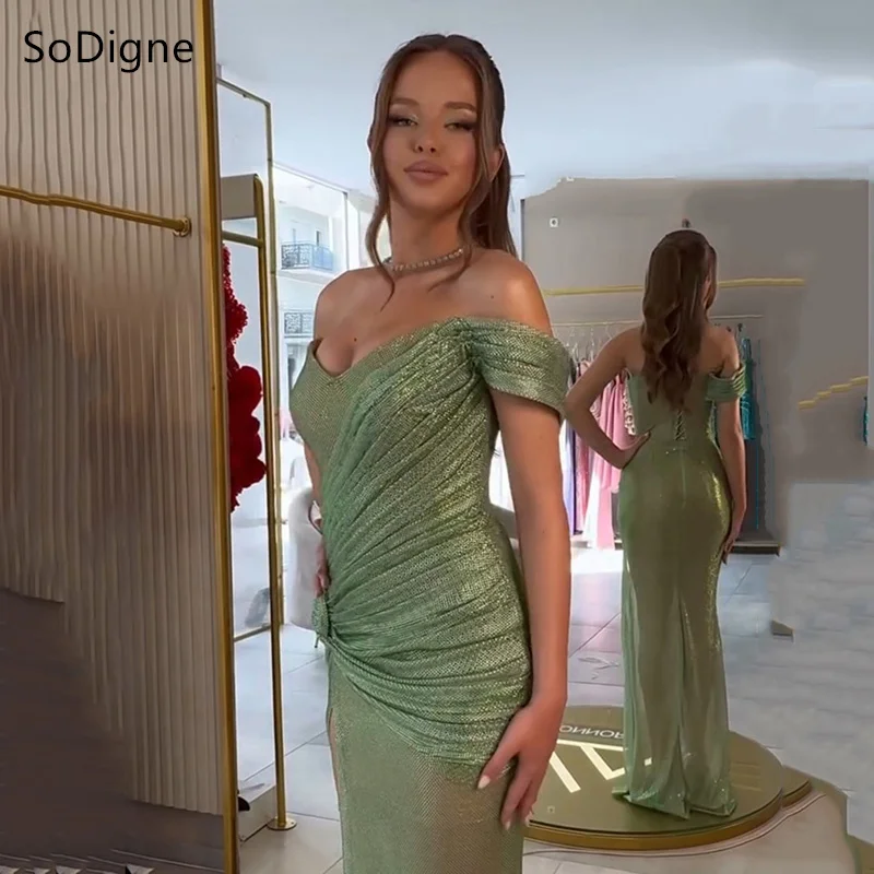 SoDigne Blue Mermaid Evening Dresses V-Neck Mermaid Off Shoulder Floor-Length Party Dress Side Silt Pleat Prom Gowns Customized