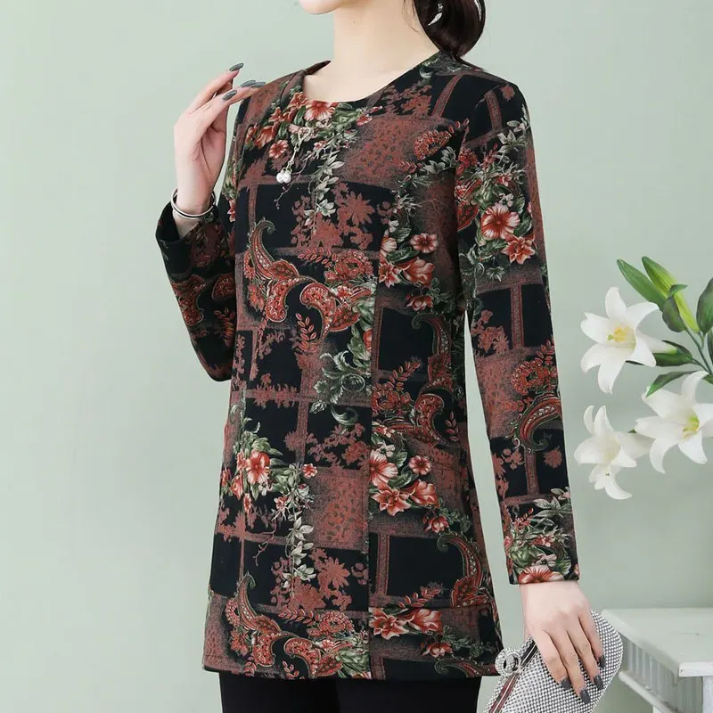 Female Clothing Vintage Floral Printed Pullovers Casual Round Neck Spring Autumn Long Sleeve Fashion Pockets Spliced T-shirt New