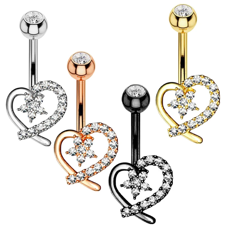 Wholesales Heart Crystal Belly Button Rings Belly Bar Navel Piercing Jewelry Hot Summer Women Jewelry Navel Piercing Belly Nombr