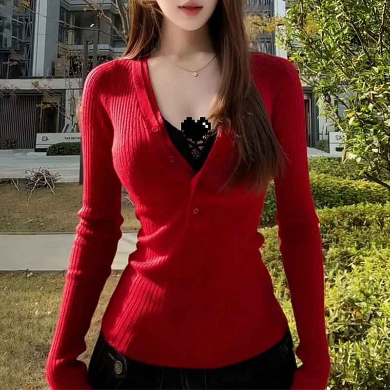 

Knitwears Knitted Sweater Women Pullovers New Slim Long Sleeve Knit Sweater Pullover Women Tops V-Neck Sueters De Mujer Q3271