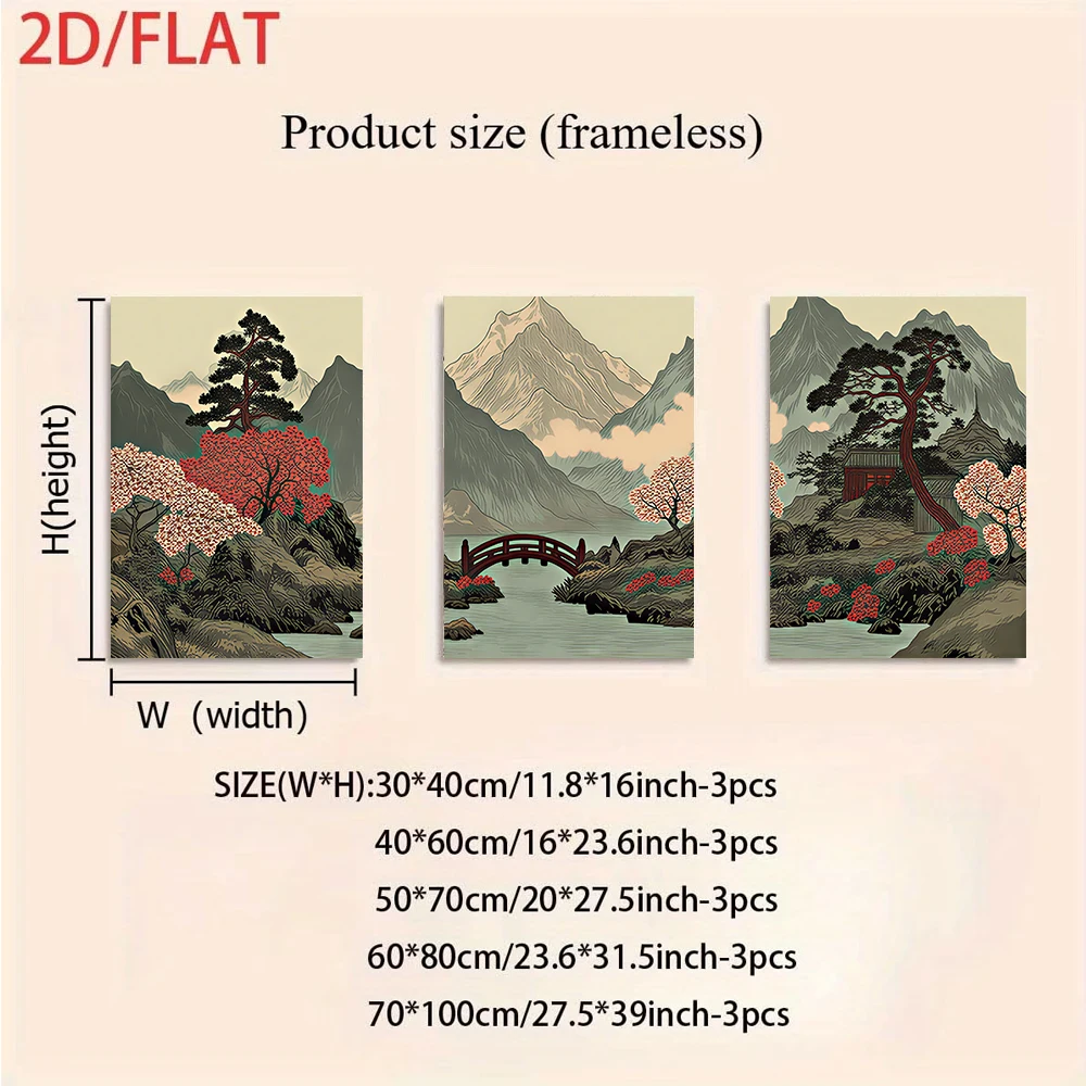 3PCS Frameless,1 set of New Chinese style landscape triptych frameless decorative paintings, 2D landscape paintings