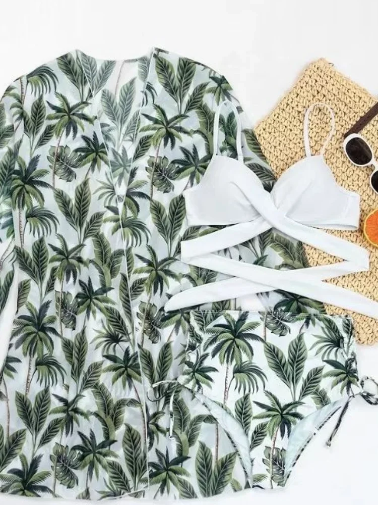 3er-Pack Damen-Bikini-Sets mit Blattmuster und hoher Taille und Strand-Vertuschung, Damen-Badeanzug und Kimono, Push-Up-Bademode, weiblicher Badeanzug