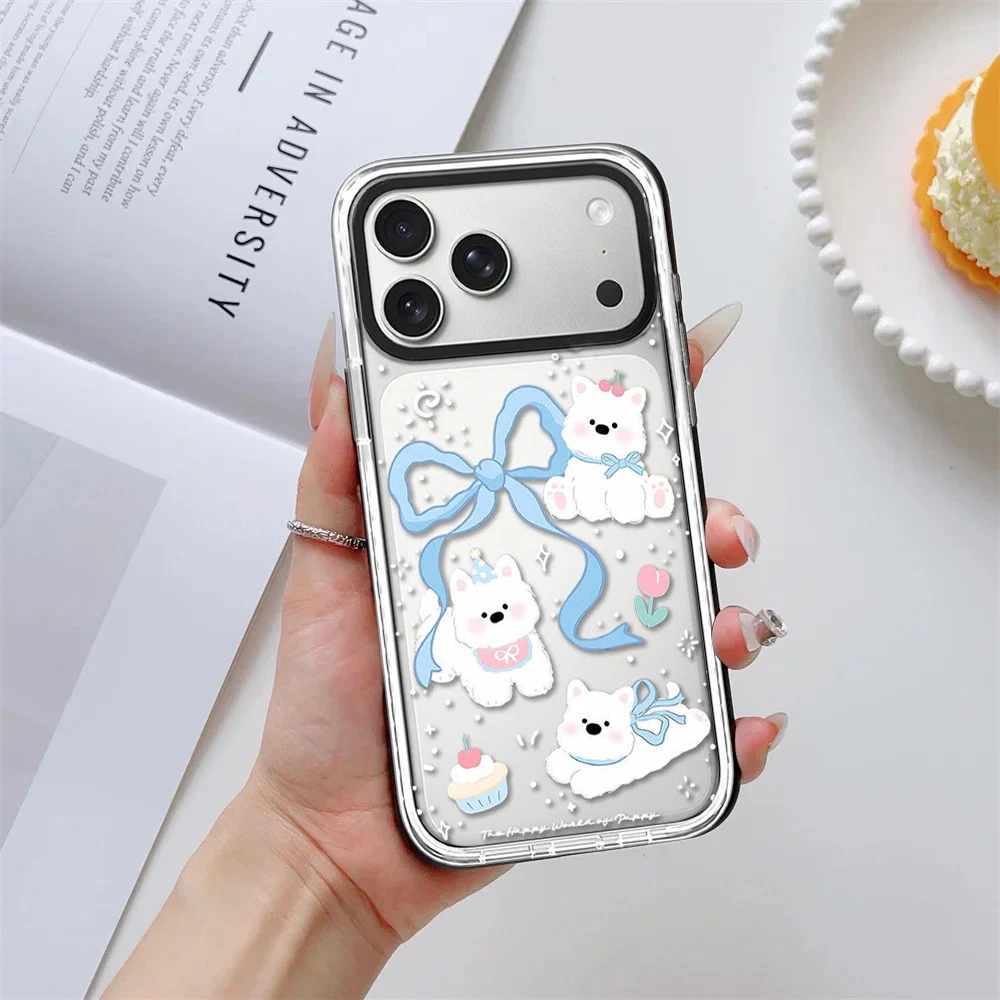 Cartoon White Dog Bowknot Black / White Border Magnetic Phone Case Cover for IPhone 13 14 15 16 17 Pro Max Case for IPhone Air