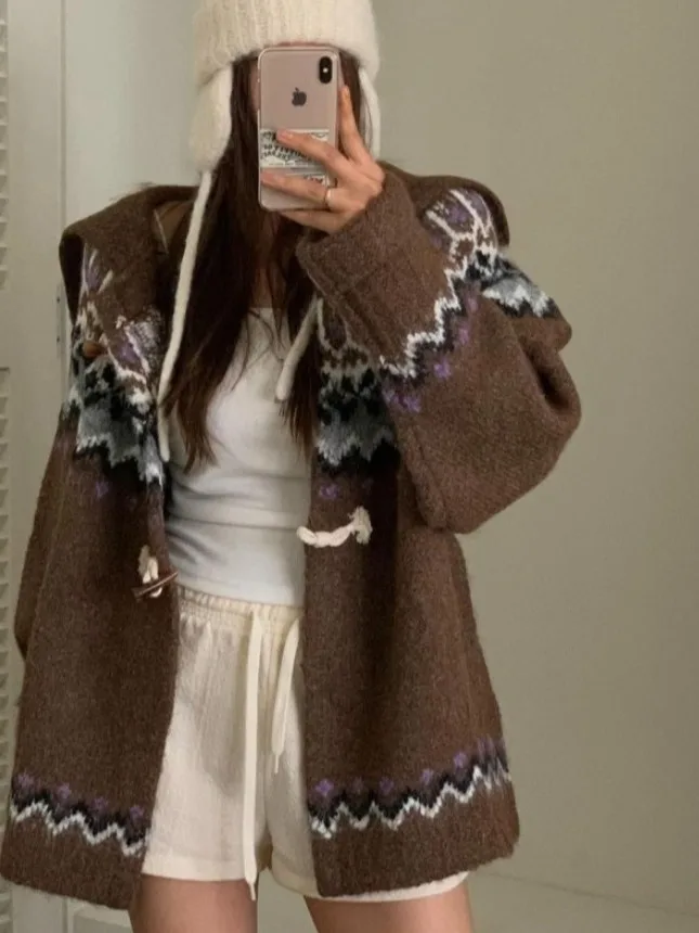 Retro Lapel Knitted Sweater Jaet Women Loose Lazy Sle Ele Open Cardigan Color Blo Floral Embroidery Casual Outerwear