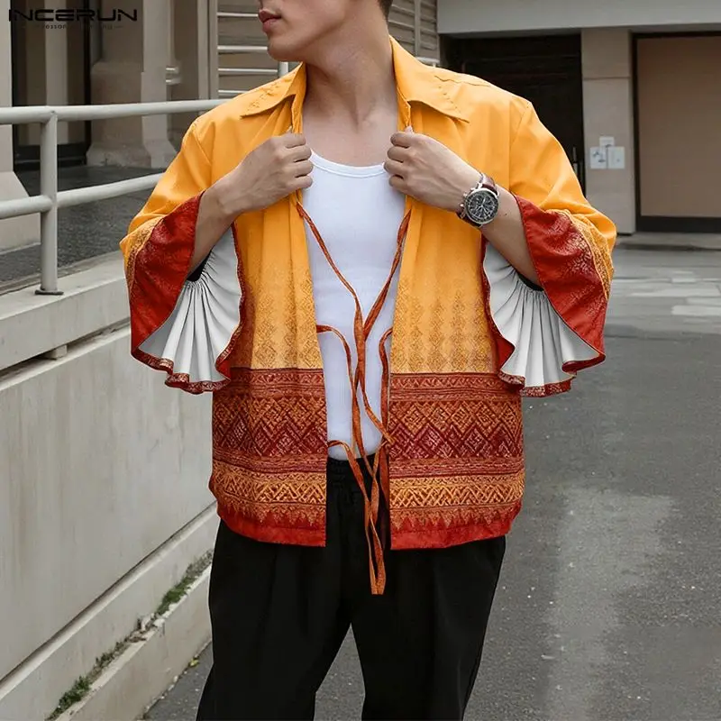 INCERUN الرجال قميص الطباعة العرقية نمط التلبيب مضيئة كم طويل الدانتيل يصل الرجال الملابس الشارع الشهير فضفاض بلايز عادية الذكور القمصان #2