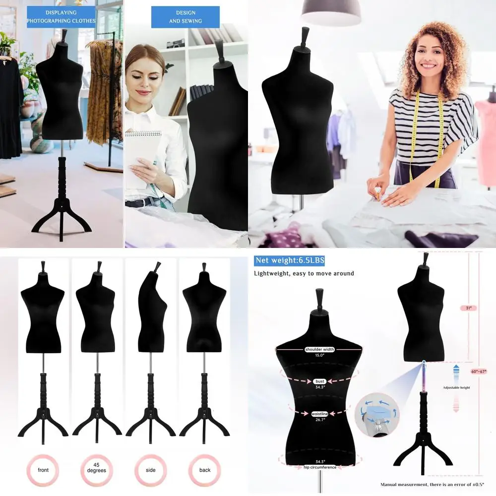 

Регулируемый манекен для шитья 60-67 дюймов с деревянной подставкой-треногой для демонстрации одежды (черный)
