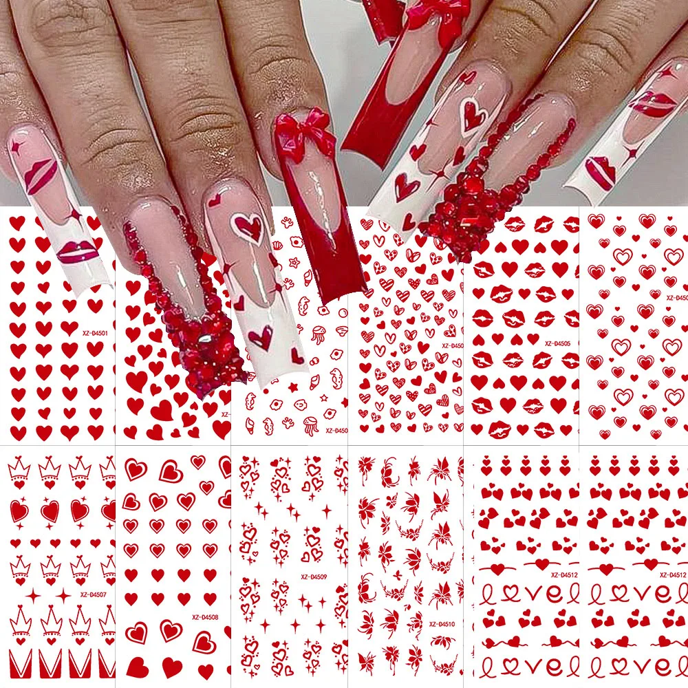 

11/12Pcs Y2K Valentine's Day Red Love Heart Nail Art Stickers Hollow Red Heart&Lip&Crown Nail Decal Self-adhesive Red Slider