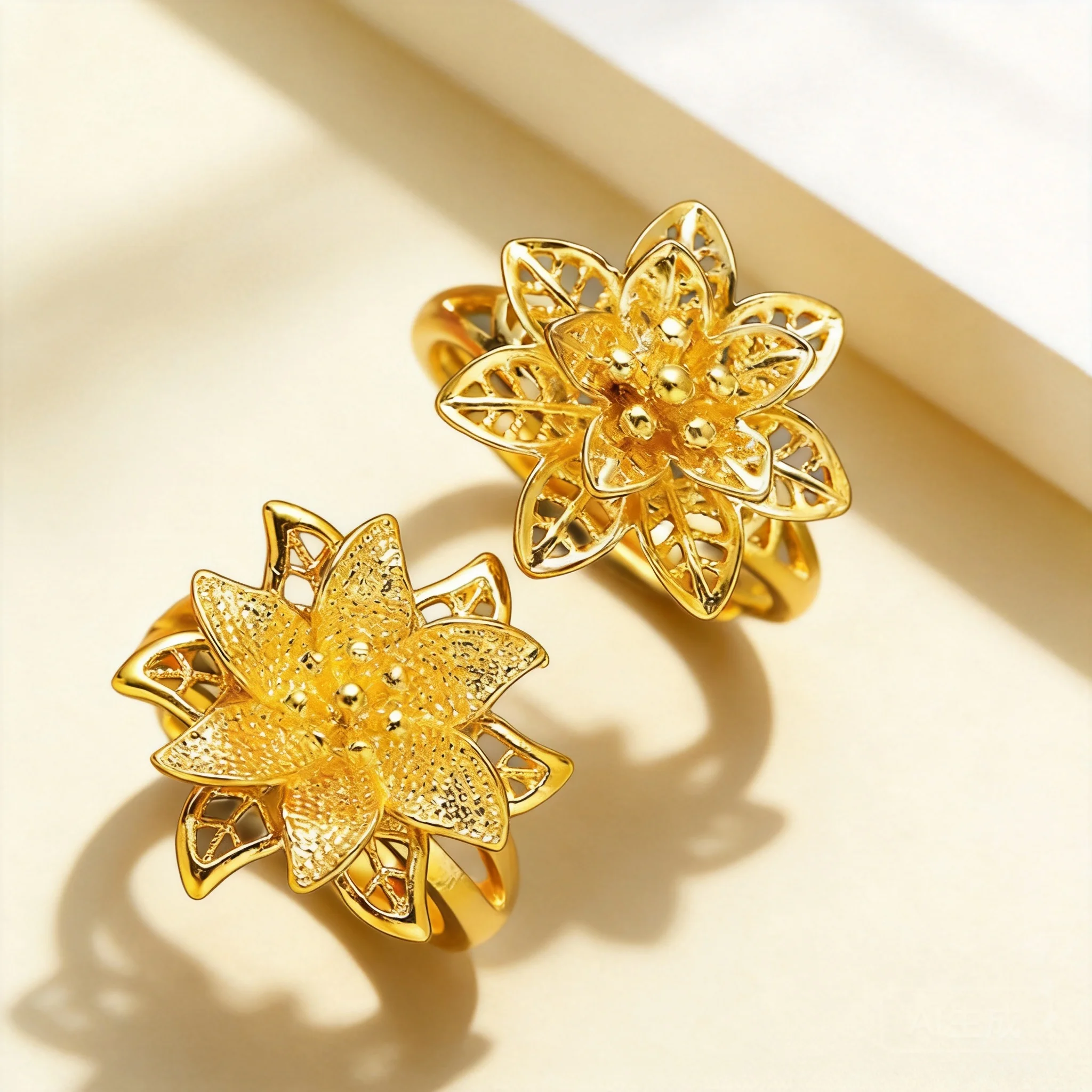 

Trendy Brass Gold Plated Adjustable Open Lily Flower Ring Fade Resistant 2 Styles Solid Hollow Jewelry for Daily Wear Party Gift