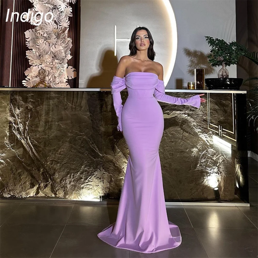 

Indigo Elegant Purple Long Sleeve Mermaid Prom Dress 2025 Off The Shoulder Pleat Formal Party Prom Gown فساتين السهرة Customized