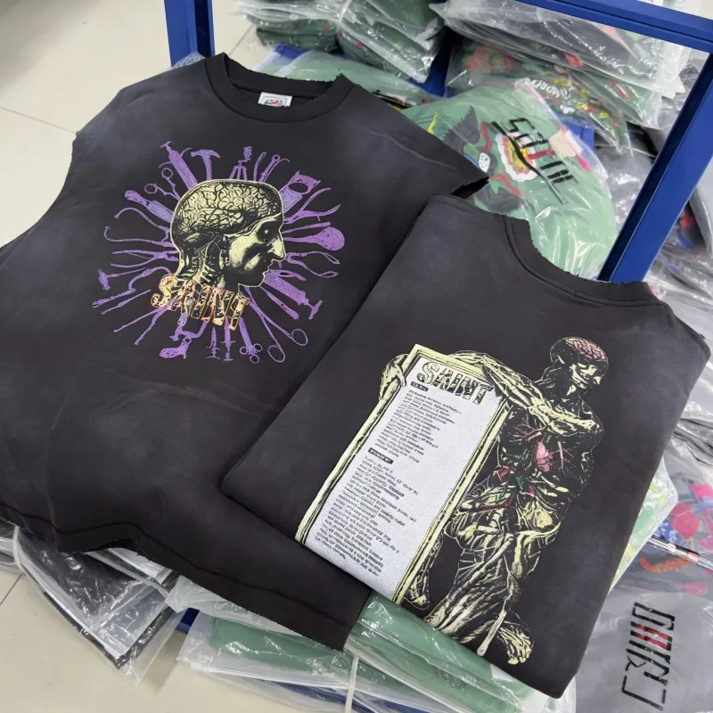 Human Anatomy Wash Destroy Worn Camisole Vest Summer Saint Sleeveless Tshirts Men Women Round Neck Tops Hiphop Street Outfit
