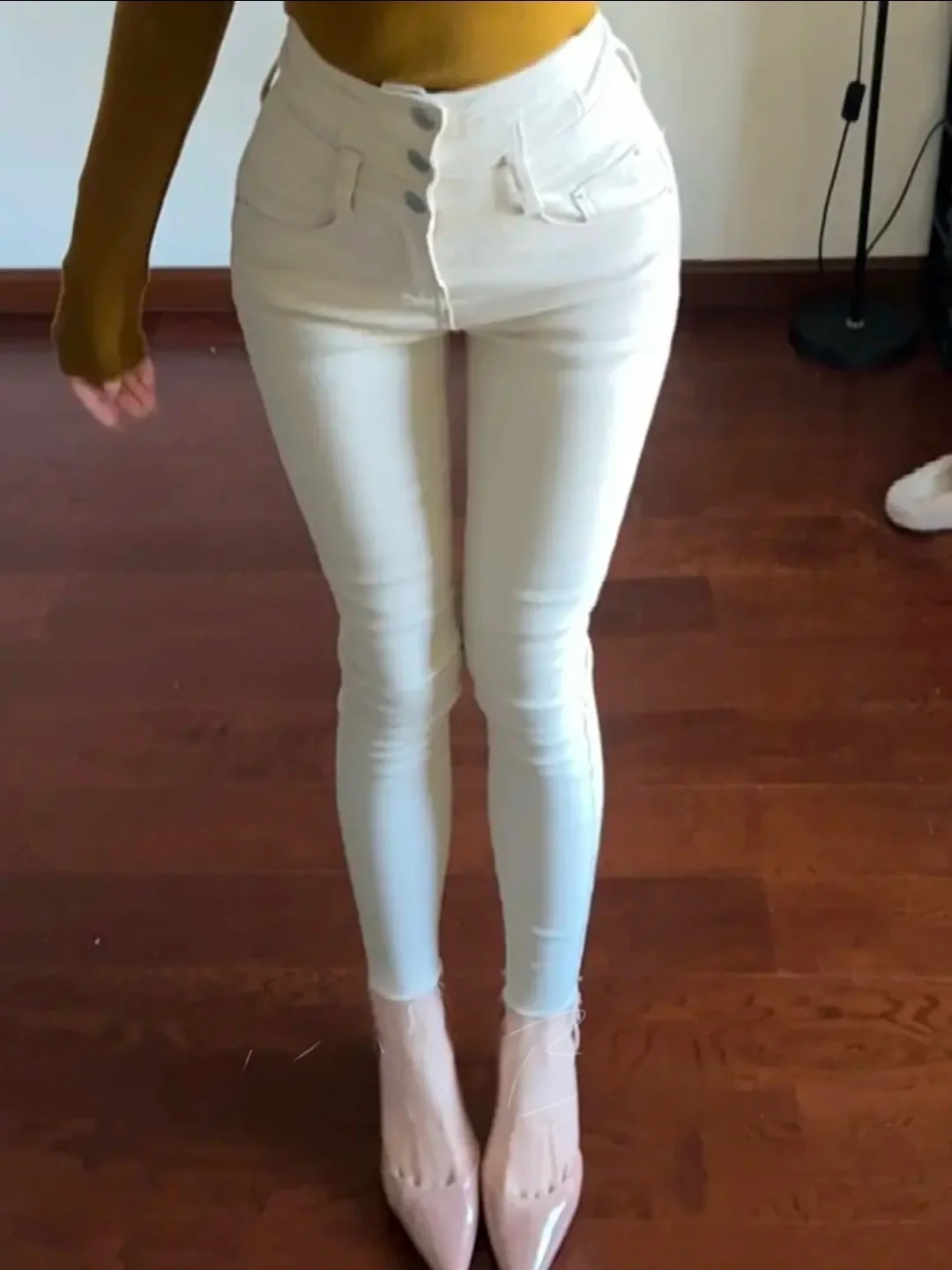 

Джинсы с высокой талией и зауженным кроем для женщин, с пуговицами, цвета хаки, скрывающие недостатки фигуры, тонкие, на каждый день, универсальные.