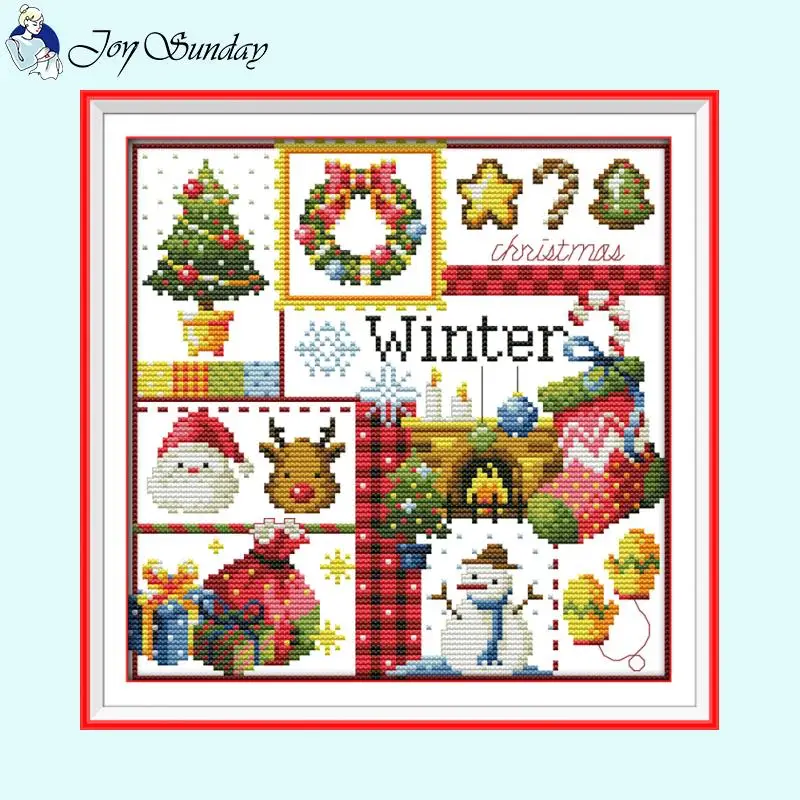 Joy Sunday Four Seasons Cartoon Series Pattern Cross Stitch Set Aida 14ct 16ct Needlework Embroidery DIY Kids Crafts Sewing Kit