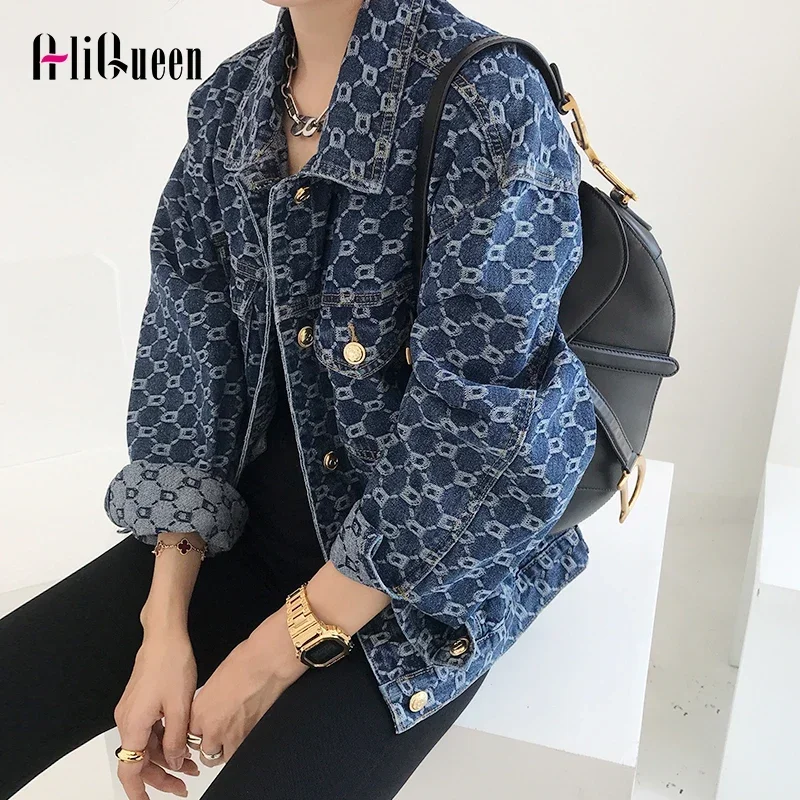 

NMZM women's retro loose fitting long sleeved printed cotton denim jacket Spring and Autumn women's casual blue denim jacket jac