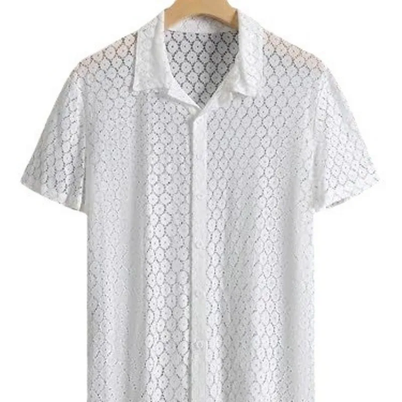 2024 Mens Top Fashion Lace Short Sleeved Shirt Casual Button Hollow Perspective Shirts for Men